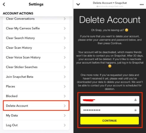 hapus akun snapchat di web