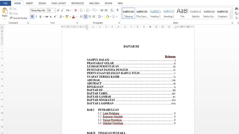 daftar isi word
